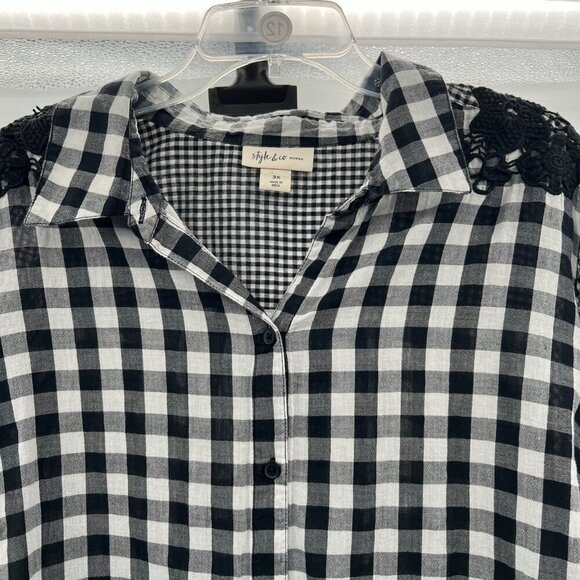 Style & Co Women's Button Up Top Long Roll Tab Sleeve Black/White Check Size 3X - Picture 2 of 9
